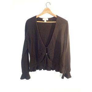 Mainbocher Pure 100% Cashmere Black Cardigan XL Ruffles Elegant Button Front